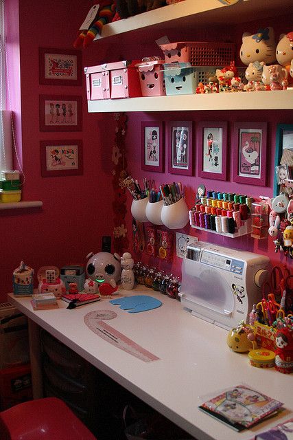 sewing room and hello kitty! Zimmer Diy, Pegboard Storage, Dream Craft Room, Craft Room Design, Scrapbook Room, Sewing Space, Office Crafts, Hobby Room, Craft Room Storage