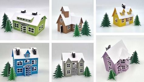 PAPERMAU: Christmas Time - A Christmas Village Miniature Diorama Papercraft by Paper Pino Cricut Christmas Houses, Christmas Paper Village, Paper House Template Printables Free, 3d Paper House Template, Diy Christmas Village Houses, Watercolor Houses, Village Miniature, Paper Buildings, Paper House Template