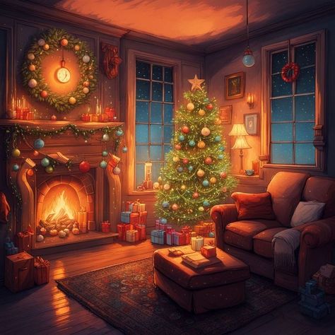 Postcard Project, Interior Concept Art, Cozy Rooms, Halloween Idea, Snowy Scene, Christmas Backgrounds, Vintage Christmas Images, Holiday Images, Christmas Painting