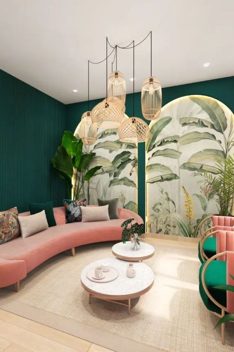 15 exquisite living room design ideas Pink Green Gold Living Room, Pink And Green Spa Room, Pink And Gold Interior Design, Boutique Living Room, Tropical Glam Living Room, Pink And Gold Living Room Ideas, Emerald Green And Pink Living Room, Dark Green And Pink Living Room, Green And Pink Living Room Ideas