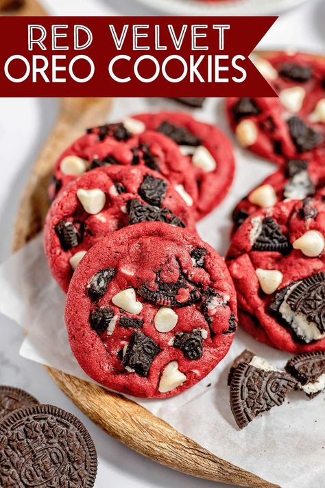 These soft and chewy Red Velvet Oreo Cookies are a perfect combination of red velvet and white chocolate chip cookie with yummy Oreo cookie chunks. So good! Red Velvet Oreo Cookies, Funfetti Cookie Dough, Red Velvet Oreo, Velvet Cookies, Valentines Baking, White Chocolate Chip, White Chocolate Chip Cookies, Red Velvet Cookies, Gourmet Cookies