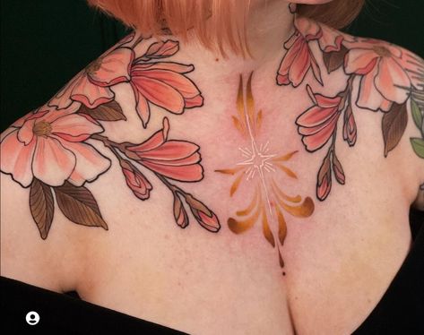 Floral Chest Piece Tattoo Female, Colorful Chest Tattoo, Suits Tattoo, Floral Chest Tattoo, Neo Traditional Chest Tattoo, Traditional Chest Tattoo, Nature Tattoo Sleeve, Tatoo Inspiration, Black White Tattoos