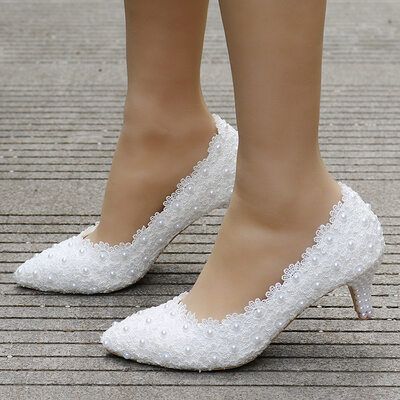 [£35.00] Women's Leatherette Stiletto Heel Closed Toe Pumps With Imitation Pearl Applique Bridal Heels Comfortable, White High Heel Sandals, Bride Heels, Mom Shoes, Heels Comfortable, Ivory Wedding Shoes, Wedding Pumps, Wedding Shoes Lace, Lace Pumps