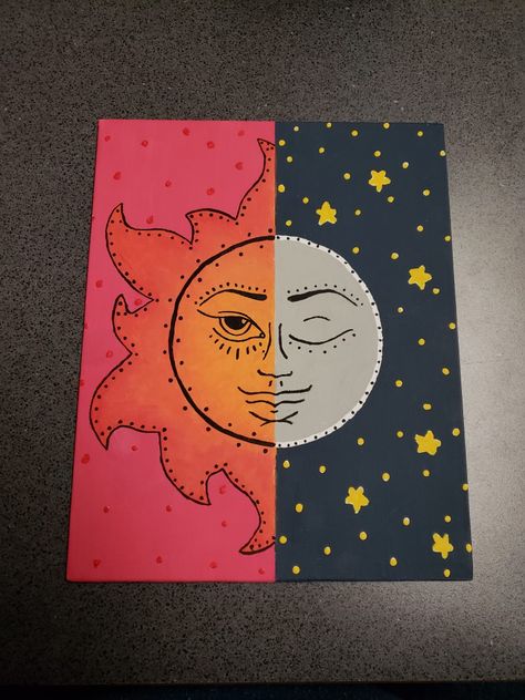 Sun and Moon Canvas Painting Canvas Painting Ideas For Beginners, Canvas Aesthetic, Painting Ideas For Beginners, Trippy Painting, Painting Aesthetic, Canvas Painting Ideas, Hippie Painting, Easy Canvas, Simple Canvas Paintings