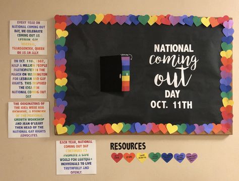 National Coming Out Day Bulletin Board. #residencelife #reslife #bulletinboard #ra #residentassistant National Coming Out Day Ideas, Pride Board Ideas, Trendy Bulletin Boards, Gsa Club Ideas, Lgbtq Bulletin Board Ideas, Pride Bulletin Board, Ra Bulletin Boards Diversity, Social Justice Bulletin Boards Ra, Lgbtq History Month Bulletin Board