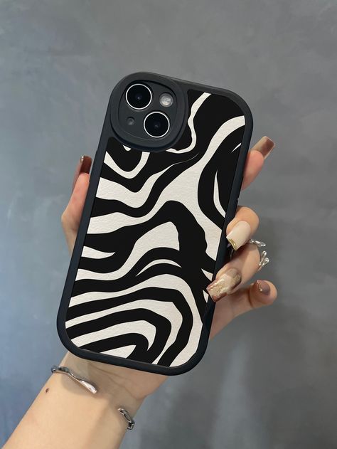 Black and White  Collar  TPU Zebra Stripe Phone Cases Embellished   Phone/Pad Accessories Black And White Aesthetic Phone Case, Phone Covers Diy Black, Black Phone Case Decoration, Black Iphone Case Ideas, Black Phone Case Aesthetic, Phone Cases Black And White, Black And White Phone Case, Black Phone Cases, Black Phone Cover