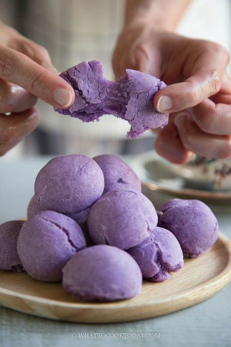 Gluten Free Mochi Bread, Japanese Purple Sweet Potato Recipe, Mochiko Recipes, Gluten Free Mochi, Purple Potato Recipe, Mochi Bread Recipe, Purple Mochi, Blueberry Mochi, Purple Sweet Potato Recipes