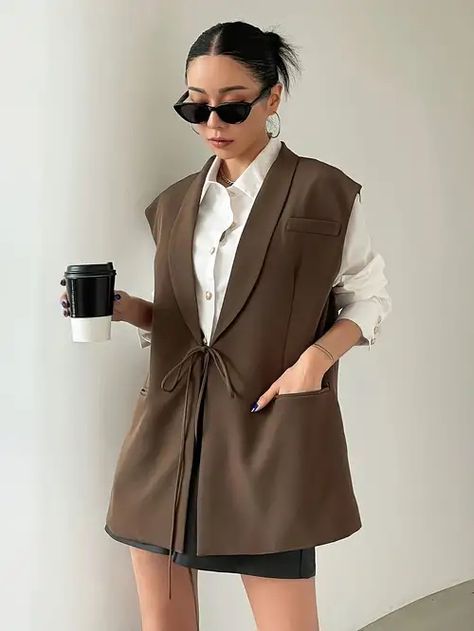 Chic Solid Tie Front Shawl Collar Vest - Elegant Cap Sleeve, Loose Fit, Perfect for Spring & Fall Seasons - Women's Stylish Clothing for Everyday Wear

This is an affiliate link.
#1 #fashion #neutralstyle #womensstyle Shirt And Vest Women, Fall Outerwear, Lightweight Blazer, Casual Cap, Blazer Shirt, Casual Vest, Vest Fashion, Coffee Brown, Sleeveless Vest