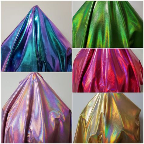 Reflective Accessories, Diy Foil, Holographic Fabric, Rave Mask, Rave Costumes, Iridescent Color, Mermaid Theme Party, Bodysuit Jumpsuit, Fabric Ideas