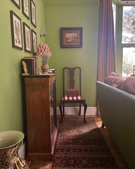 Green Colour Drenched Living Room, Yeabridge Green Farrow And Ball, Pale Green Living Room, Yeabridge Green, Irish Bedroom, Upholstered Antique Chairs, Living Room Red, Farrow And Ball, Green Walls