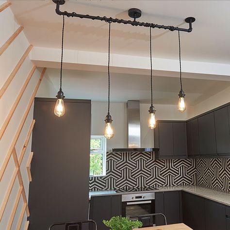 Kitchen Revamp, Ceiling Kitchen, Matte Black Kitchen, Black Kitchen Island, Black Ceiling Lighting, Industrial Inspiration, Lights Ideas, Kitchen Island Pendant, Industrial Steampunk