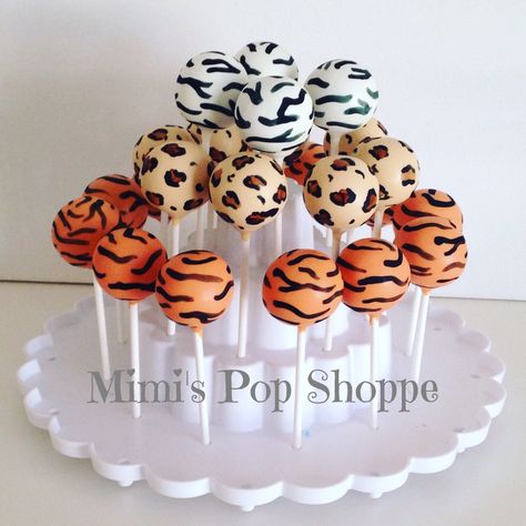 Safari Animal Print Cake Pops Animal Print Cake Pops, Wedding Cake Balls, Elegant Cake Pops, Cake Pop Displays, Animal Print Cake, Cake Pop Designs, Jungle Thema, Wild Birthday Party, Cake Pop Decorating