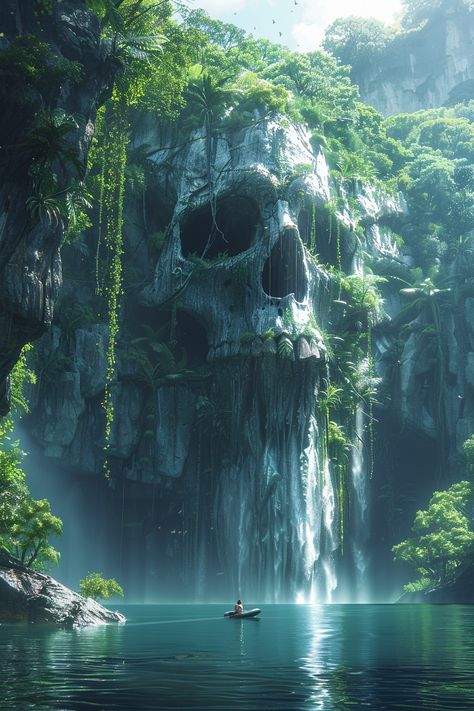 #SereneNaturalScene #Waterfall #GiantCreatureSkull #EtherealAtmosphere #Mystical #Cinematic #2:3AspectRatio #Stylize750 #TheCandie Other Worlds Art, Stylized Waterfall, Ocean Concept Art, Lake With Waterfall, Mystical Waterfall, Dnd Landscape, Fantasy Lake, Fantasy Waterfall, Beautiful Nature Art