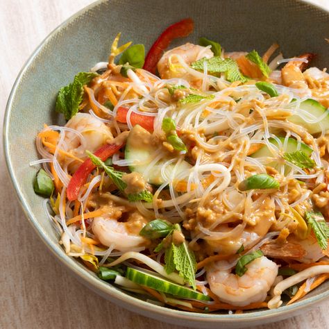 Satay Prawn Vermicelli Salad | Shore Mariner Prawn Vermicelli Salad, Prawn Vermicelli Noodles, Prawn Salad Recipe, Vermicelli Salad, Raw Prawns, Salads Recipes For Dinner, Prawn Salad, Shrimp Salad Recipes, Satay Sauce