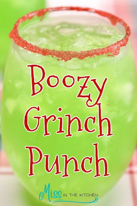 Grinch Punch is a fun party drink for Christmas made with vodka for the adults or without for the kids. A festive lemon-lime punch served up with a red sugared rim. Grinch Punch Alcohol, Large Batch Christmas Cocktails, Christmas Alcoholic Drinks Recipes, Grinch Drink, Grinch Punch, Holiday Drinks Alcohol, Holiday Punch Recipe, Xmas Drinks, Christmas Drinks Alcohol Recipes