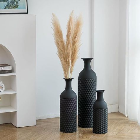 Metal Floor Standing Vase Set of 3 Modern Honeycomb Texture Big Standing Vase for Living Room Dining Bedroom Home Corner Hallway Indoor Office Modern Corner Decor, Corner Floor Decor, Black Floor Vase Decor, Decorative Vases Living Room, Black Accent Table Decor, Tall Floor Decor, Large Faux Plants Living Room, Oversized Vases Home Decor, Tall Corner Decor