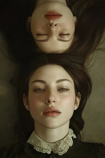 ↑↑↑ Larger size on website 🔸 The image shows two young women, one lying upside down and the other lying face up, both with their Lying Face Down, Upside Down Face, White Lace Collar, Long Dark Hair, Eyes Closed, Face Down, Dark Background, Lace Collar, Muted Colors