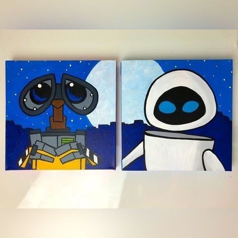 Walle And Eve Painting, Wall E And Eve Painting, Wall E Painting Canvas, Best Cartoon Couples, Pixar Paintings Easy, 2 Matching Paintings, Cars Painting Easy, Walle Painting, Canvas Character Painting