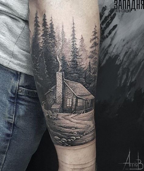 Bon Iver Album Cover, Cabin Tattoo, Wilderness Tattoo, Hunting Tattoos, Nature Tattoo Sleeve, Sunset Tattoos, Hiking Tattoo, Bear Tattoos, Landscape Tattoo