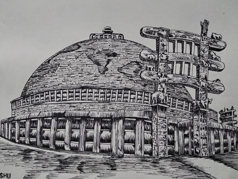 Sanchi Stupa Drawing, Sanchi Stupa Sketch, Sanchi Stupa, Buddhist Architecture, Architecture Journal, Beer Factory, Architectural Portfolio, Glass Facade, Architecture Sketches