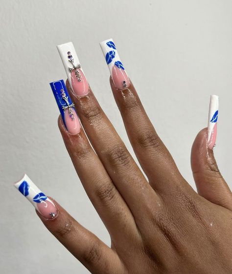 Dark Blue Nail Inspo Acrylic, Blue N White Nails, Blue Freestyle Nails, Blue Baddie Nails, Blue Square Acrylic Nails, Baddie Nails Instagram, Trap Nails, Md Nails, Sqaure Nails