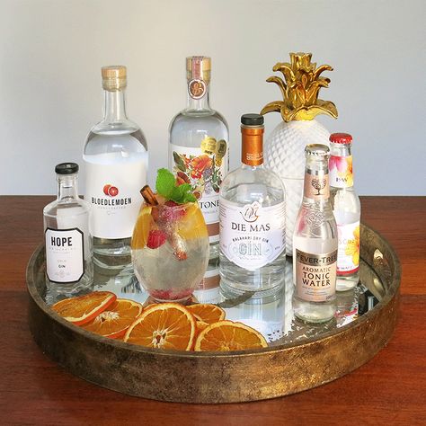 Add style detail with a beautiful gin tray | Block & Chisel Liquor Tray Display Ideas, Bar Tray Decor, Drinks Tray On Sideboard, Gin Table Ideas, Drinks Tray Styling, Cocktail Tray Display, Gin Station Ideas, Bar Tray Styling Decorative Trays, Gin Station