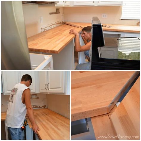 Butcher Block Corner Countertop, Butcher Block Countertops Corner, How To Install Kitchen Countertops, Kitchenette Countertop Ideas, How To Join Butcher Block Countertops, Butcher Block Countertops With Tile Backsplash, Joining Butcher Block Countertops, Butcher Block Countertops Shiplap Backsplash, How To Install Butcher Block Countertops