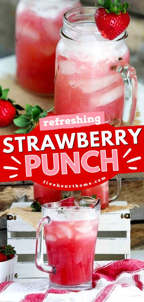 Make this refreshing Strawberry Punch to add to your Spring cocktail recipes! This homemade drink features fresh strawberries and pineapple juice. Pin this easy Spring drink! Drink To Make At Home, Strawberry Punch Recipes, Strawberry Punch, Party Punch Recipes, Strawberry Drinks, Punch Drinks, Seltzer Water, Drink Recipes Nonalcoholic, Summertime Drinks