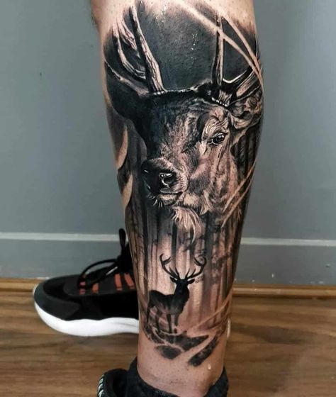 Deer Skull Sleeve Tattoo, Stag Tattoo Men, Deer Tattoo Men, Bow Hunting Tattoos, Deer Hunting Tattoos, Cool Animal Tattoos, Natur Tattoo Arm, Unique Tattoos Black Women, Deer Tattoo Designs