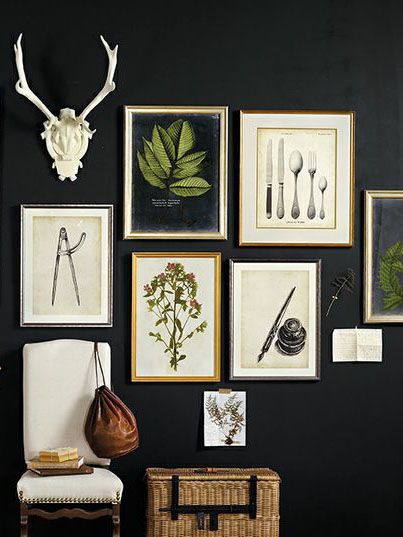 Gallery Wall should I choose to keep my green antique table and paint a wall black Boho Images, Black Feature Wall, Creative Walls, Dark Walls, Dark Wall, Brick Lane, Wall Gallery, Inspiration Wall, Ballard Designs