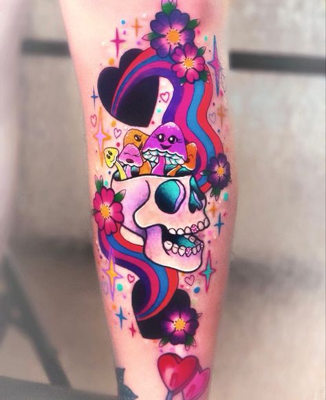 Neo Traditional Patchwork Sleeve, Psychadelic Tattoo Ideas, Psycadelic Tattoo Ideas, Pop Art Tattoo, Pop Art Tattoos, Hippie Tattoo, Bright Tattoos, Hello Kitty Tattoos, Mushroom Tattoos