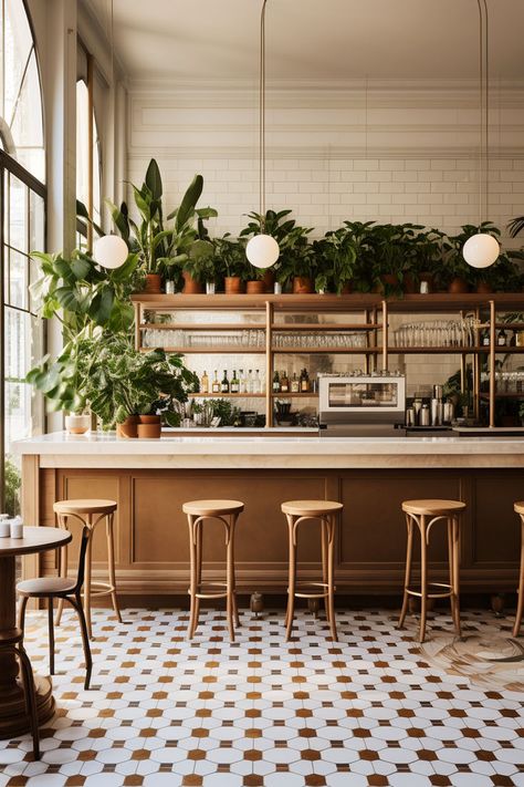 A charming corner of a cafe with hanging vines and potted plants Cozy Cafe Interior, European Cafe, Bookstore Cafe, Baking Company, Cozy Cafe, Coffee Corner, Bakery Cafe, Restaurant Interior Design, Canopies