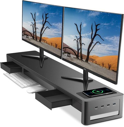 The only dual monitor stand with drawer,USB extension and Charging Pad on the current market, which greatly improves your convenience and comfort in daily life and office.Made of high quality metal material, this dual monitor stand riser ​can support items up to 66 pounds and 2 monitors up to 27 inches. Hub Expansion with 4 USB Ports, Directly Chargeable Module With Max 15W Charger Pad, Meatanty 2 monitor stand makes charging more convenient by simply putting your phone on the charging area. Charging Desk, Computer Monitor Accessories, Dual Monitor Stand, Monitor Riser, Dual Monitor, Comfortable Office, Global Office Furniture, Charging Pad, Pull Out Drawers