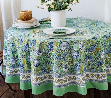 Cool Green, Nov 6, Round Tablecloth, Tablecloths, Block Print, Table Cloth, India, Floral, Green