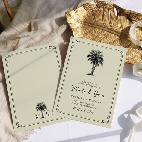 Vintage Palm Simple Destination Wedding Invitation Simple Destination Wedding, Deco Typography, Palm Tree Wedding Invitations, Art Deco Typography, Destination Wedding Invitation, Simple Beach Wedding, Palm Wedding, Palm Beach Wedding, Wedding Anniversary Invitations