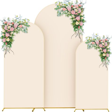 PRICES MAY VARY. Package Content: you will receive 3 pieces of golden metal wedding arches in 3 different heights of 5.9 feet, 4.9 feet and 3.9 feet and 3 pieces of beige arch covers; 3 metal arches can be placed in combination or individually, creating an elegant backdrop for your celebrations Size Information: our metal wedding arch is different from a single arch decoration, it is sold in a combination of 3 arches of different sizes with heights of 5.9 feet, 4.9 feet, and 3.9 feet; Our metal Floral Arch For Wedding, Fence Decor For Wedding, 3 Arch Backdrop With Flowers, Wedding Arch Photo Backdrop, 3 Arch Backdrop, Garden Party Backdrop Ideas, Wooden Arch Decor, Non Balloon Backdrop, Backdrop Arches