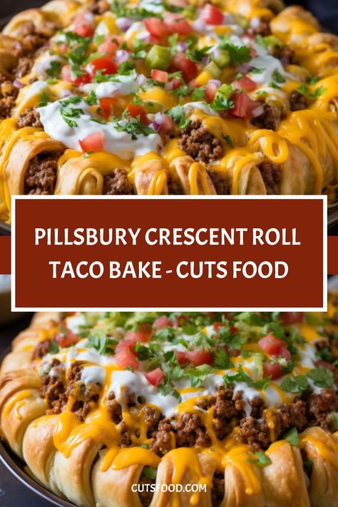 Pillsbury Crescent Roll Taco Bake - Cuts Food Crescent Roll Taco, Crescent Roll Taco Bake, Pillsbury Crescent Recipes, Baked Tacos Recipe, Pillsbury Crescent, Crescent Recipes, Clean Eating Salads, Gluten Free Salads, Paleo Salads