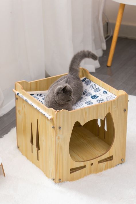 Wooden cat cage with hammock ,8mm MDF,E1 grade eco-friendly board ,easy to install.Give your cat a comfortable home#cat cage#cat house Wooden Cat House, Cat Home Decor, Cat Cage, Dog House Diy, Laser Cut Wood Crafts, Cat Cages, Pet Businesses, Home Cat, Cat Home