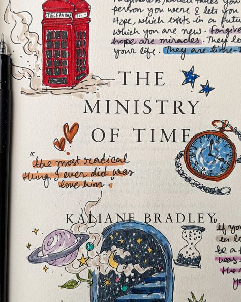 Book cover title page drawing doodles aesthetic painting the ministry of time space painting sketch gouache book annotations annotated books bookish tabs People From The Past, Time Travel Stories, Book Annotations, British Humor, Social Commentary, Culture Shock, Book Annotation, Perfect Love, Insta Inspo