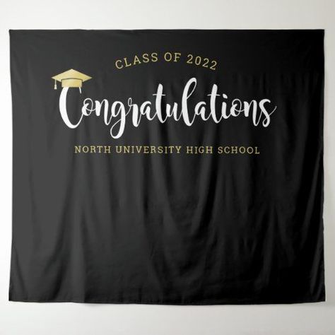 $63.28 | Congratulations Gold Black Graduation Party #congratulations, graduation party, photo backdrop, congrats grad, black and white, gold, high school, grad cap, calligraphy script, class of 2022 Rose Gold Graduation Party, Party Tapestry, Black Graduation Party, Graduation Party Backdrops, Graduation Photo Booth, Open House Invitation, Gold Graduation Party, Best Graduation Gifts, Black Graduation