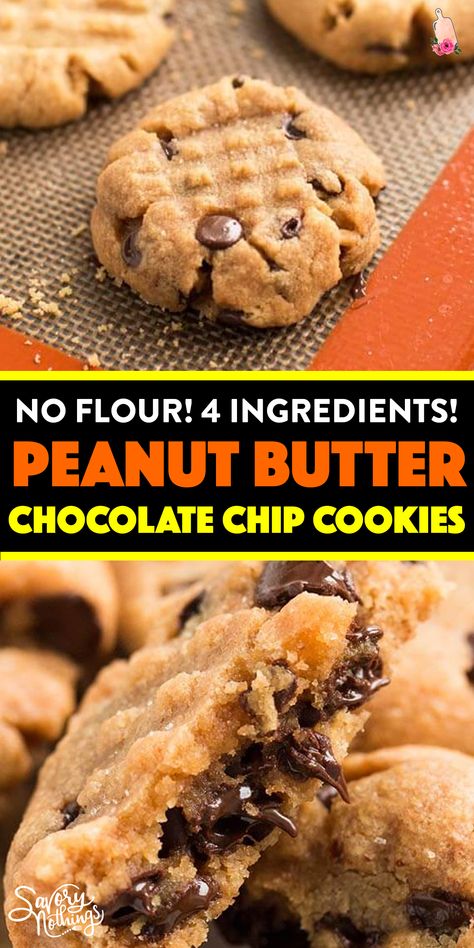 Vegan Cookies Recipes Healthy, Chocolate Chip Peanut Butter Cookies, Healthy Vegan Cookies, Flourless Cookies, 4 Ingredient Recipes, Easy Peanut Butter Cookies, No Flour Cookies, Peanut Butter Chocolate Chip Cookies, Lost 100 Pounds