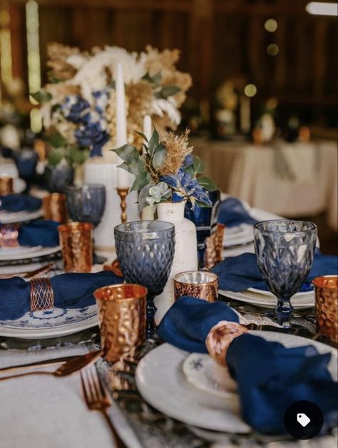 Blue Themed Fall Wedding, Navy Wedding Mood Board, Navy Blue And Copper Wedding Table Decor, Navy Blue And Rust Boho Wedding, Steel Blue And Burnt Orange Wedding, Navy And Rust Wedding Centerpieces, Dusty Blue And Copper Wedding Theme, Terracotta And Blue Wedding Decor, Terracotta And Blue Centerpieces