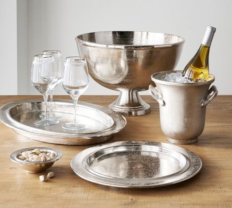 footed bowl | Pottery Barn Silver Serveware, Kitchen Bar Table, Appetizer Plates Set, Champagne Bucket, White Wine Glasses, Champagne Buckets, Snack Bowls, Charger Plates, Mirror Art