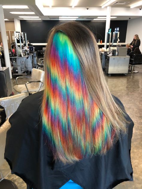 #holographic #rainbowhair #peekaboo Holographic Peekaboo Hair, Rainbow Prism Hair, Prism Hair, Holographic Hair, Peekaboo Hair, Rainbow Prism, Hair Things, Hair Color Pastel, Color Pastel