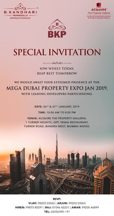 We invite you to one-of-a-kind Mega Dubai Property Expo January 2019 which will witness an array of premium and top-notch properties in Dubai.  Visit us on the 26th and 27th of January from 10 a.m onwards.  Acquire The Property Galleria  #property #dubai #expo #dubaiproperties #luxury #realestate #luxurylifestyle #propertyshowcase #mumbai Expo Invitation Design, Real Estate Invitation, Web Header, Dubai Property, Grand Opening Invitations, Real Estate Marketing Design, Event Card, Merry Christmas Wishes, Invitation Card Design