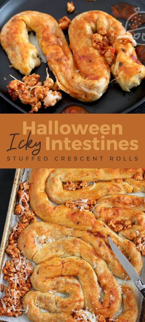 These Stuffed Crescent Rolls got a spooky makeover right in time for your next Halloween dinner party! These Halloween Icky Intestines are insanely tasty and ghoulishly fun! Filled with turkey, marinara and cheese. They taste a lot like pizza which makes them kid-friendly and a crowd pleaser. #halloween #dinner #creepy #party #easy #recipe #foracrowd Halloween Food Main Dish, Appiterzers Easy Recipes Halloween, Pillsbury Halloween Recipes, Scary Movie Snack Ideas, Spooky Halloween Dinner For Kids, Sausage Halloween Food, Halloween Garlic Knots, Dinner Ideas Halloween, Spooky Main Dishes For Halloween