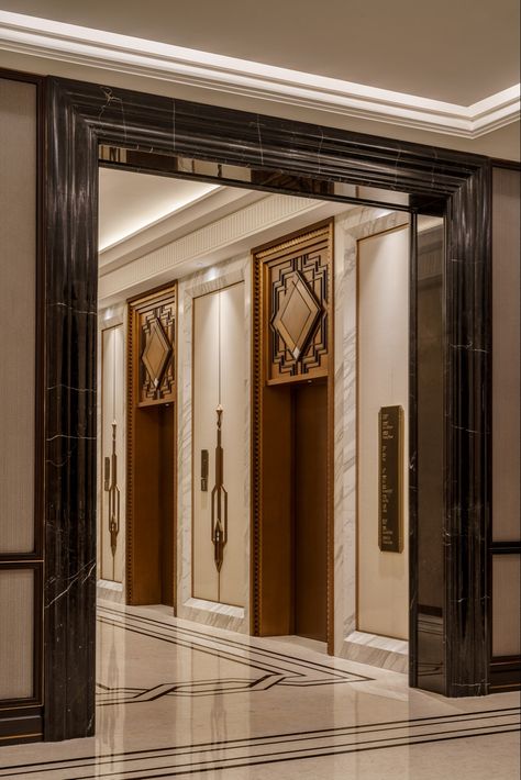 Designed by LTW Designworks, photo by Seth Powers Art Deco Lift Lobby, Fancy Elevator, Art Deco Elevator, Hotel Elevator Lobby, Art Deco Lobby, Lift Lobby Design, Elevator Lobby Design, Lobby Designs, Elevator Lobby