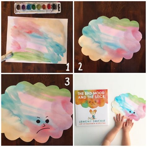 DIY "Bad Mood Clouds" Inspired by "The Bad Mood and The Stick" · Book Nerd Mommy All About Feelings Preschool, The Bad Mood And The Stick Activities, Emotions Bulletin Board Ideas Preschool, My Feelings Crafts For Toddlers, Emotions Crafts For Infants, Feelings Unit Preschool, Emotions Art Activities, Emotion Art For Toddlers, Feelings And Emotions Preschool Crafts