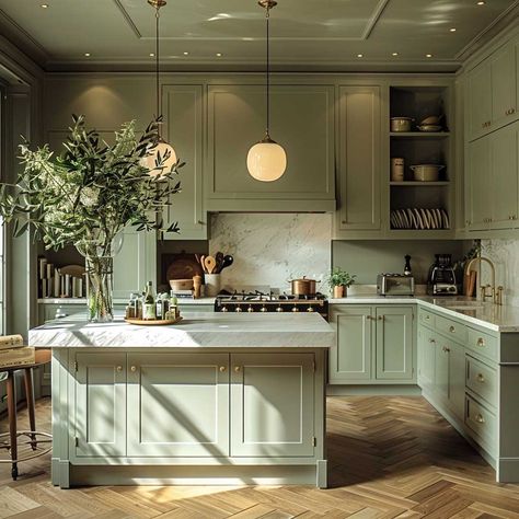 24 Beautiful Sage Green Kitchens You'll Want to Replicate • 333+ Art Images Green Kitchen Aesthetic Modern, Sage Green Kitchen Quartz Worktop, Kitchen Interior Sage Green, Pale Sage Kitchen, Pale Green Kitchen Ideas, Olive Colour Kitchen, Sage Countertops, Small Sage Kitchen, Sage Green Galley Kitchen