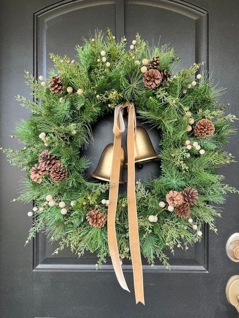 Christmas Wreath With Bells And Ribbon, Christmas Wreaths For Front Door Elegant, Christmas Wreath With Bells, Christmas Wreaths With Bells, Winter Front Door Decor, Wreath With Bells, Christmas Greenery Wreath, Happiest Season, Christmas Chandelier